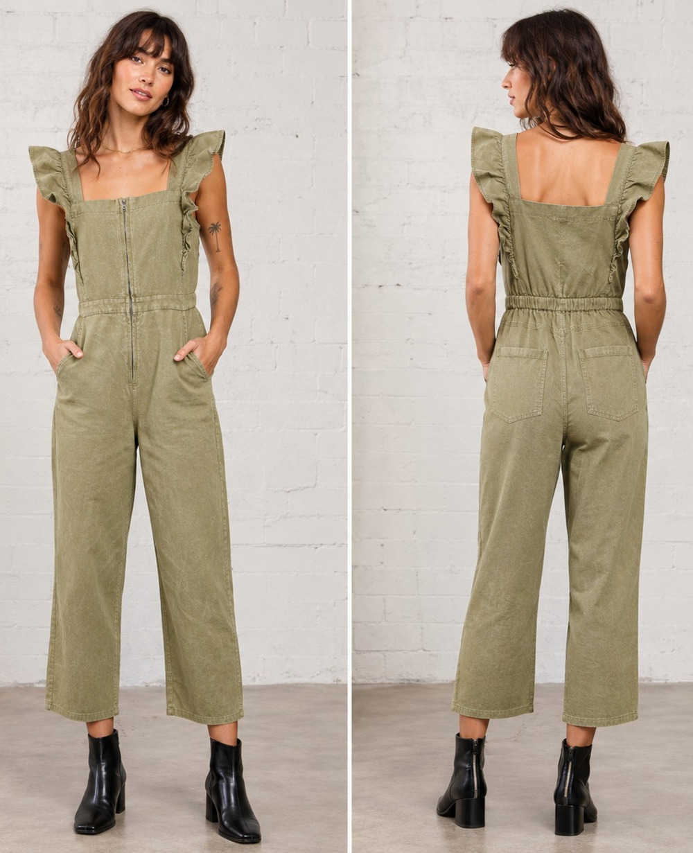 Molly Green Womens Small Olive Green Ruffle Strap Cotton Jumpsuit